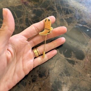 Cowboy Boot Stick Pin Brooch in Gold and Tan